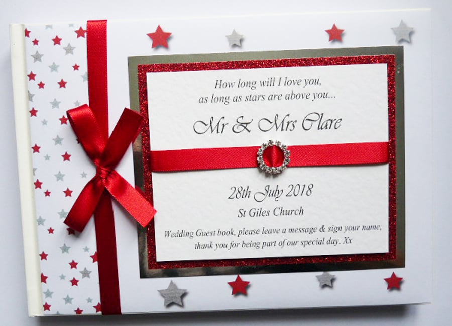 Red and white wedding guest book with stars, wedding gift