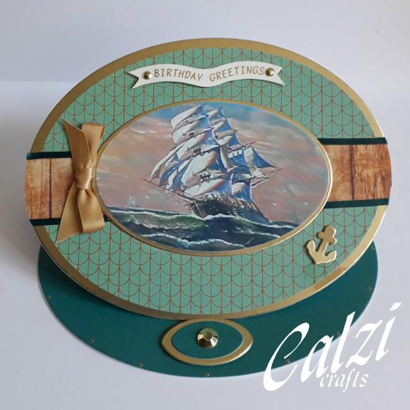 Sailing Ship Oval Shaped Easel Style Birthday Card