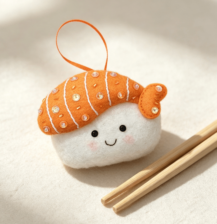 Cute Sushi Felt Ornament. Handmade Hanging Decoration - Salmon Nigiri Sushi Cha