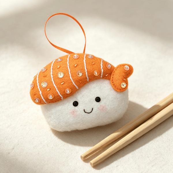 Cute Sushi Felt Ornament. Handmade Hanging Decoration - Salmon Nigiri Sushi Cha