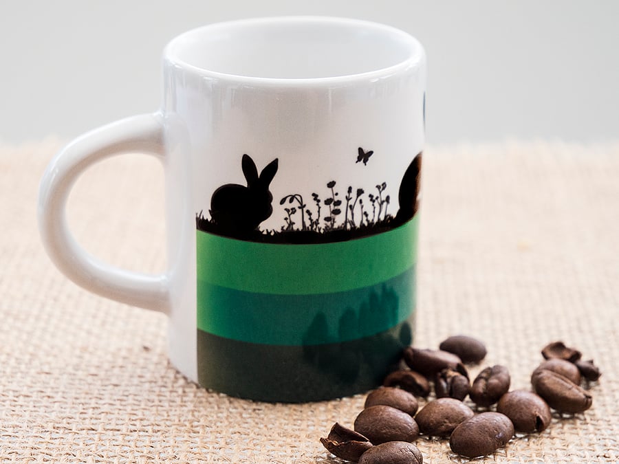 Green Hares and Rabbits Espresso Coffee Mug for Nature and Countryside Lovers