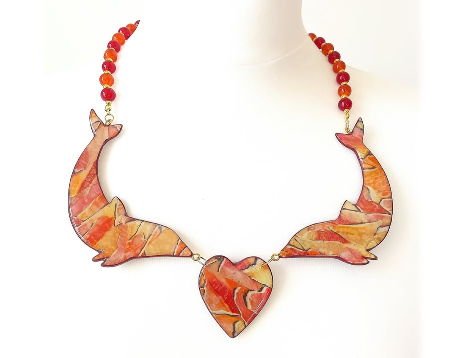 SALE - Orange dolphin shaped bib statement necklace with crackle glass beads