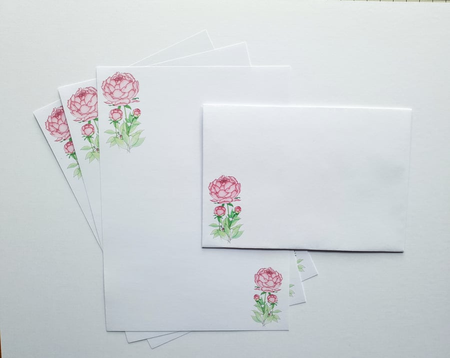 Writing Paper and Matching Envelopes Set, Peony Design