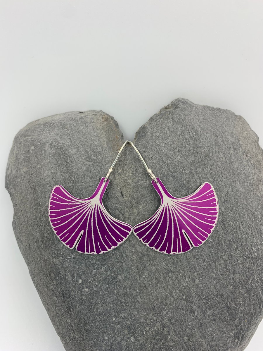 Dark pink aluminium ginkgo leaf earrings
