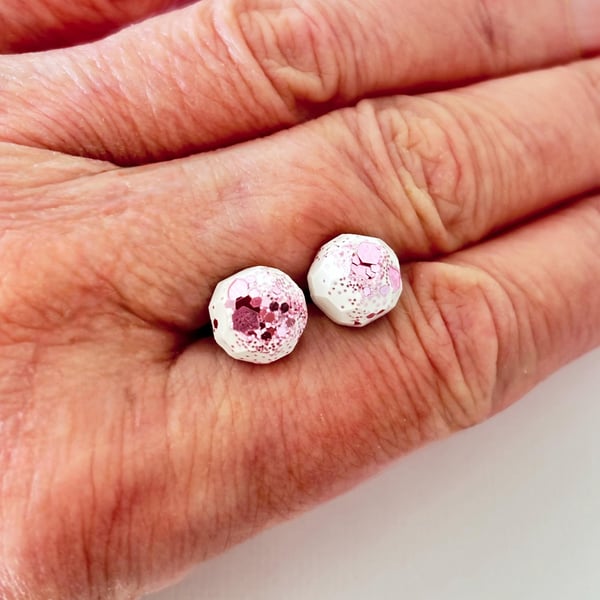 Pink Glitter Circle Stud Earrings