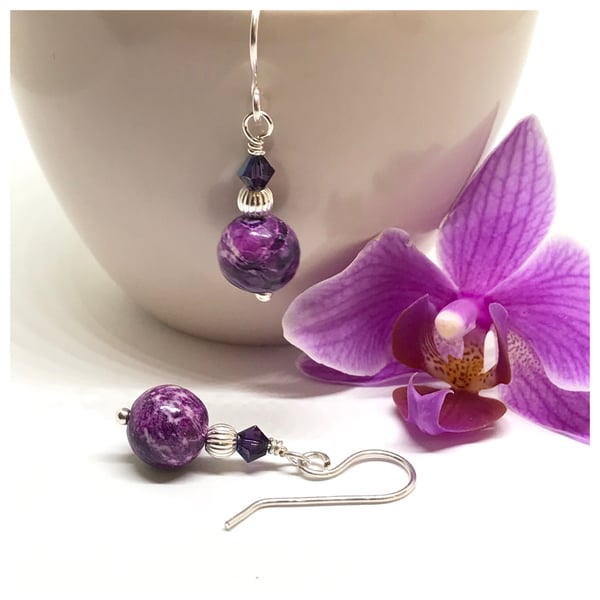 Purple Jasper Earrings With Swarovski Crystals and Sterling Silver