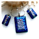 Dichroic Glass 122 Pendant Earring Set Teal Silver Plated Chain