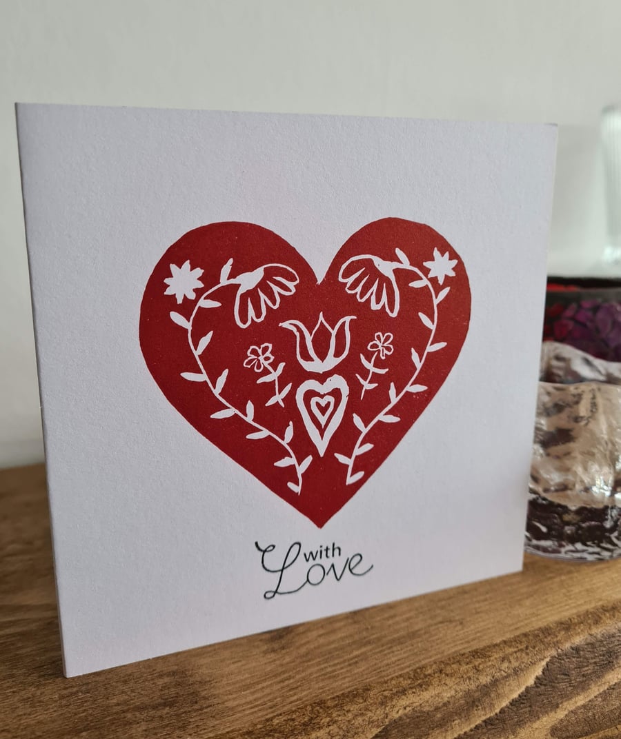 Red scandi heart valentines anniversary card handprinted linocut