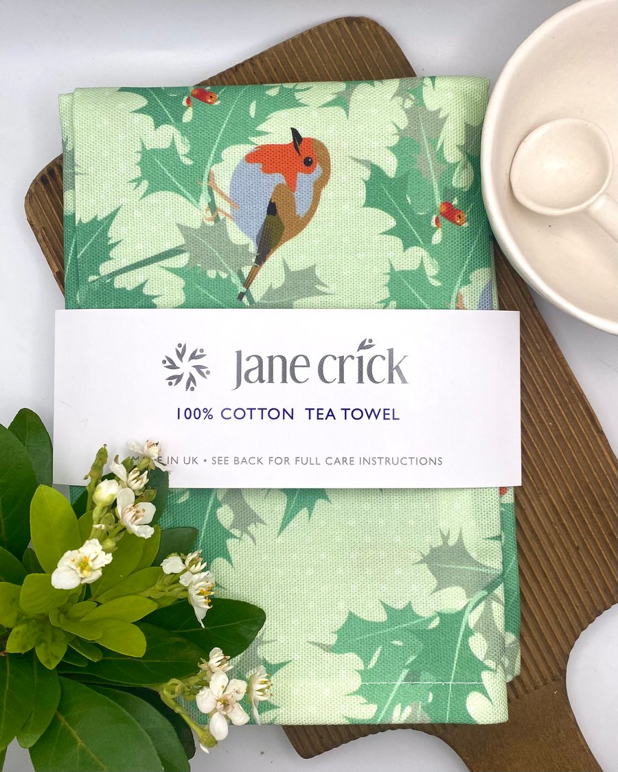 Vintage Christmas Robin with Holly and Polka Dots -  Cotton Tea Towel