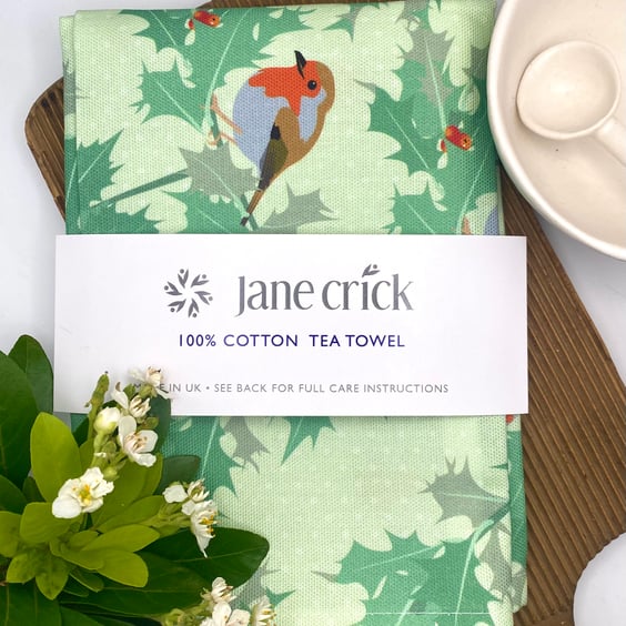 Vintage Christmas Robin with Holly and Polka Dots -  Cotton Tea Towel