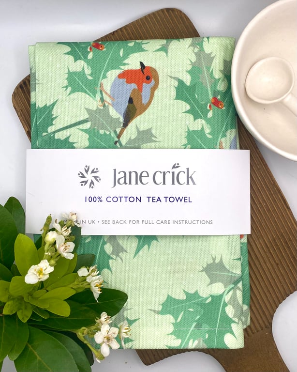 Vintage Christmas Robin with Holly and Polka Dots -  Cotton Tea Towel