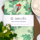 Vintage Christmas Robin with Holly and Polka Dots -  Cotton Tea Towel