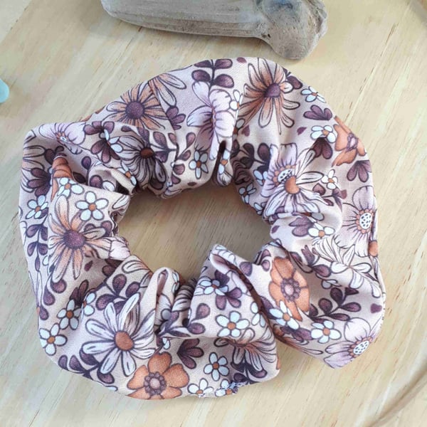 Oversized, Large Wide Cotton Scrunchies, Brown Daisy, Thick Elastic, A86