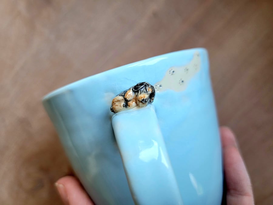 Handmade blue dog cup with tiny dachshund hand painted mug Seconds Sunday
