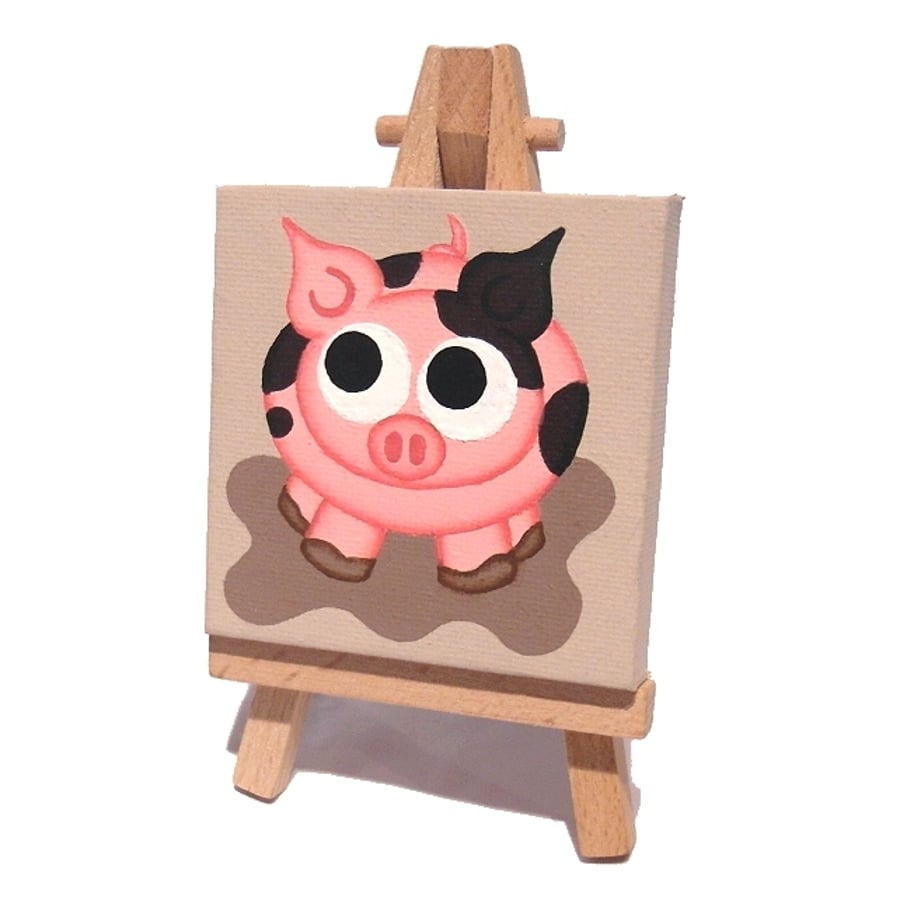 Mini Pig Painting - cute spotty pig original acrylic art on a miniature canvas