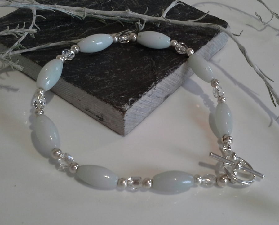 Amazonite & Silver Lined Crystal Bead Bracelet Silver Plate (HELP A CHARITY)