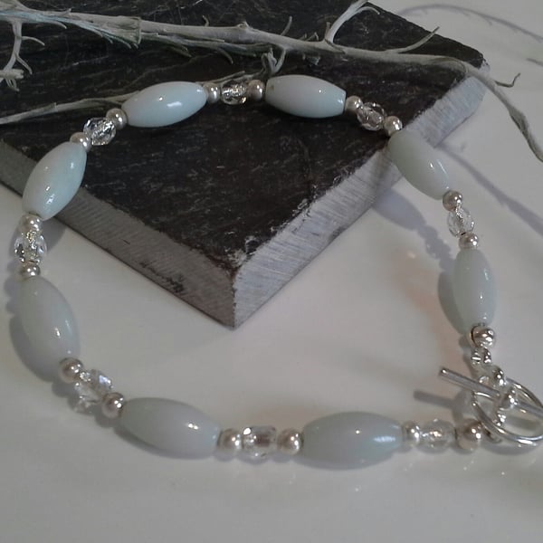 Amazonite & Silver Lined Crystal Bead Bracelet Silver Plate (HELP A CHARITY)