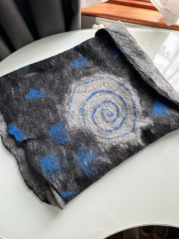 Blue Spiral Hand Felted Wool Cowl – One of a Kind Wearable Fibre Art