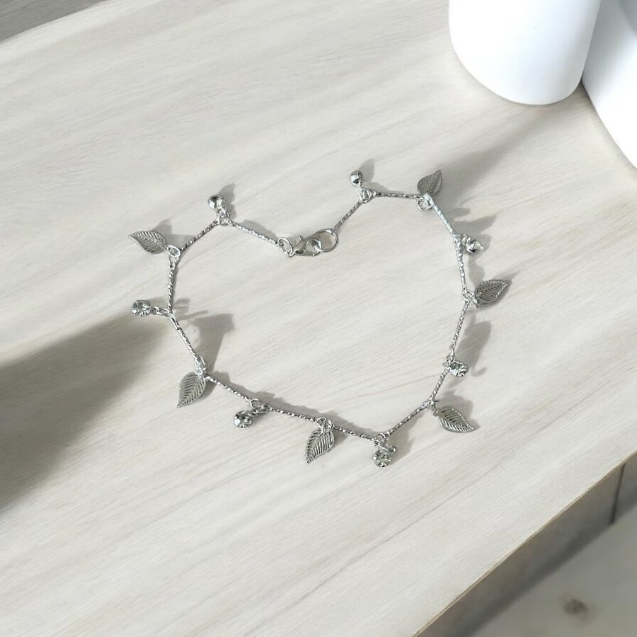 Leaf Gem Anklet - Silver Plated - Adjustable 10” Perfect for Holiday