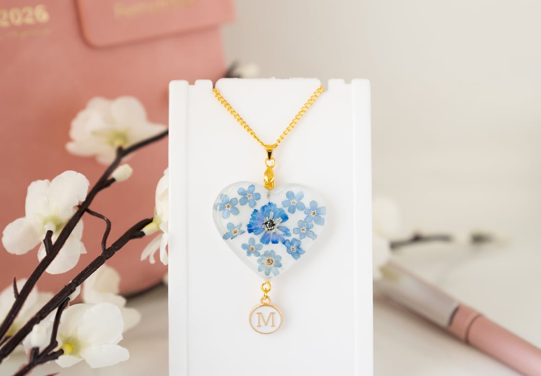 Custom initial necklace Real flower forget me not Letter Personalized name heart