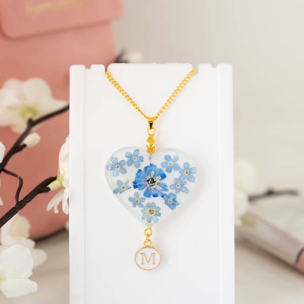 Custom initial necklace Real flower forget me not Letter Personalized name heart