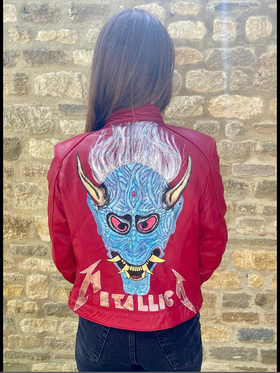 Demon Flame: Hand-Painted Metallica Leather Jacket