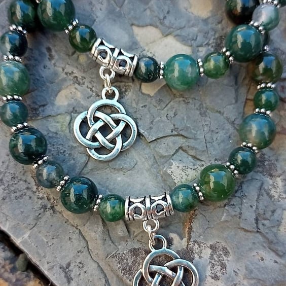 Artisan Moss Agate bracelet with Celtic eternal knot charm. Natural stone beads 