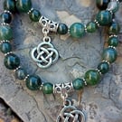 Artisan Moss Agate bracelet with Celtic eternal knot charm. Natural stone beads 