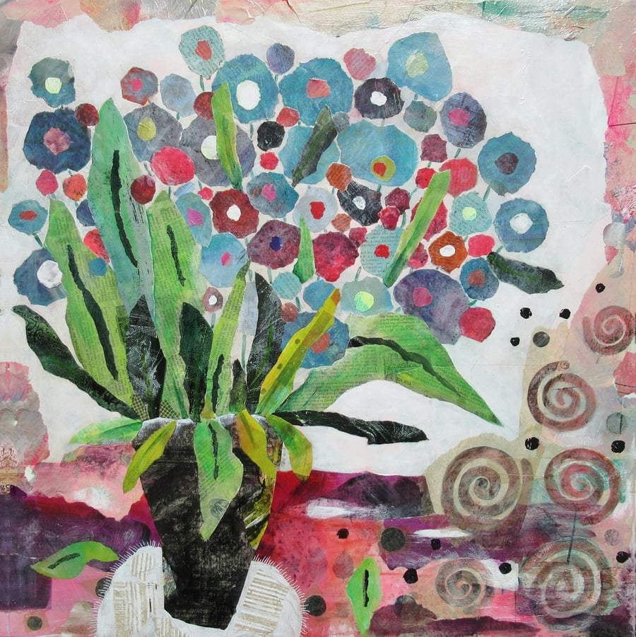 Large Floral Still Life Painting Mixed Media Collage Original Flowers Artwork