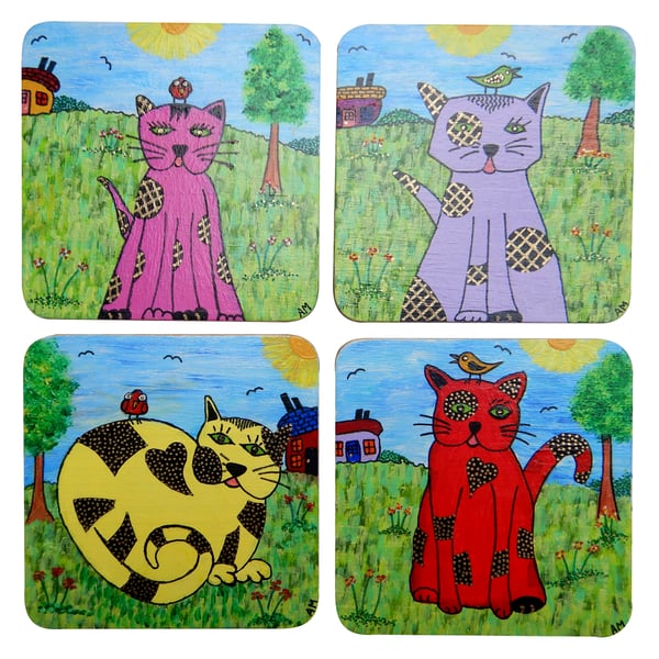 Handmade Unique Wooden Coaster Set of 4 'Cats'.