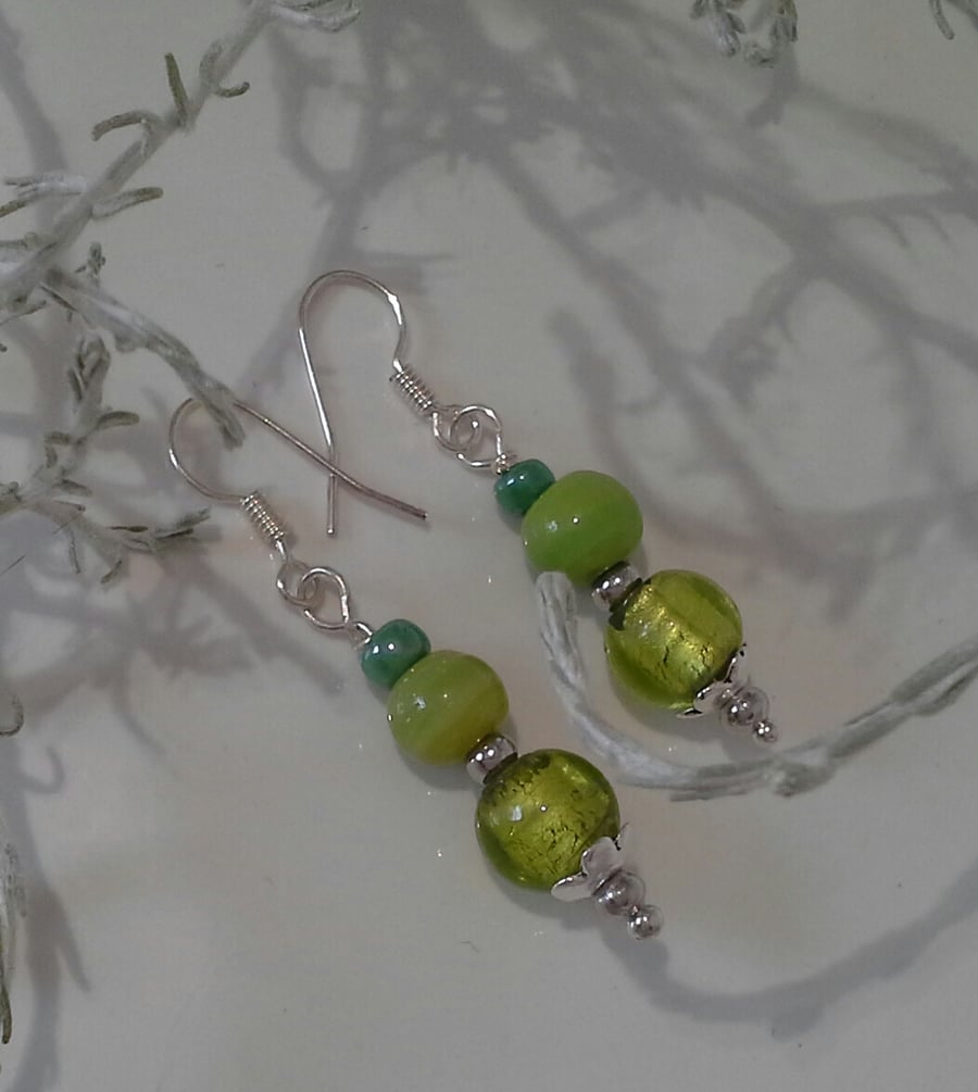 Lime Green Lampwork & Glass Bead Silver Plate Earrings (Help a Charity)