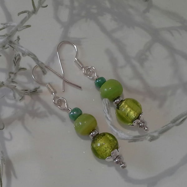Sale Lime Green Lampwork & Glass Bead Silver Plate Earrings