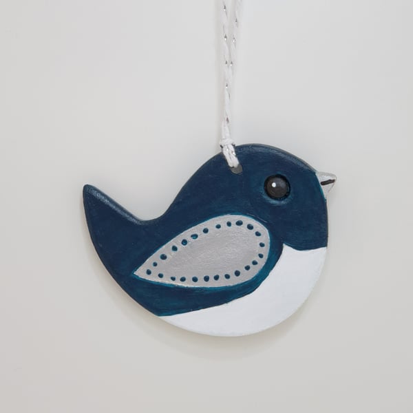 Clay bird hanging decoration, home decor gift, dark turquoise and silver