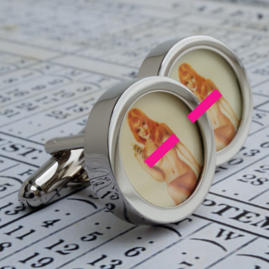 Vintage Illustrated Pin Up Girl Nude Cufflinks Erotic Cuff Links 
