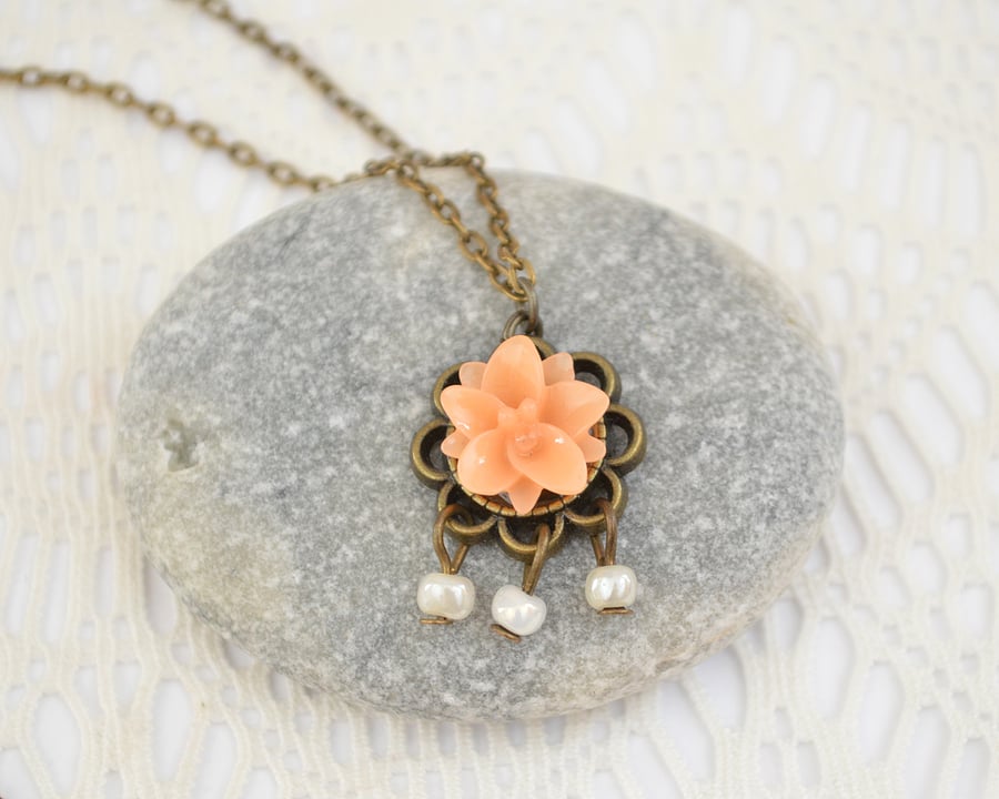 Sale! 50% off! Pendant Necklace with Peach Flower