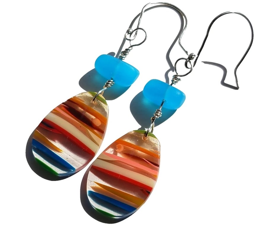 Surfite & Blue Seaglass Earrings Sterling Silver Wire-Wrapped Jewellery Gift