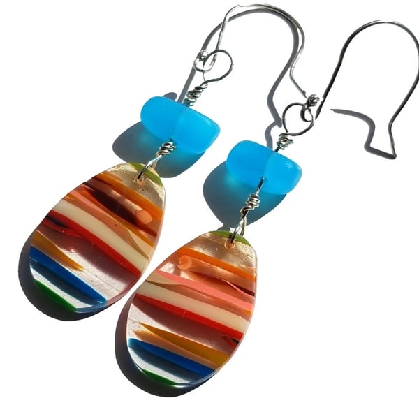 Surfite & Blue Seaglass Earrings Sterling Silver Wire-Wrapped Jewellery Gift