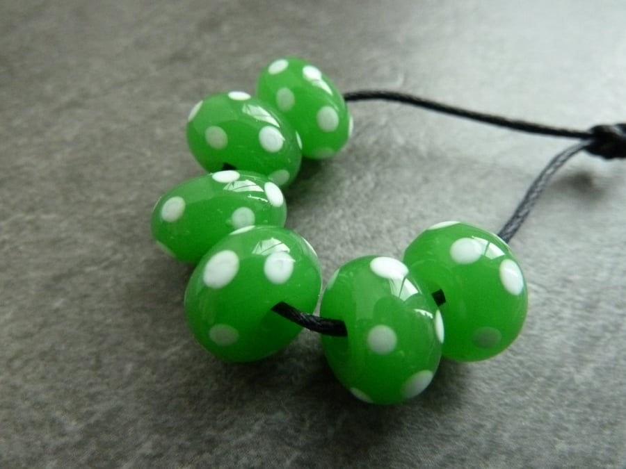 lampwork glass beads, green and white spot set