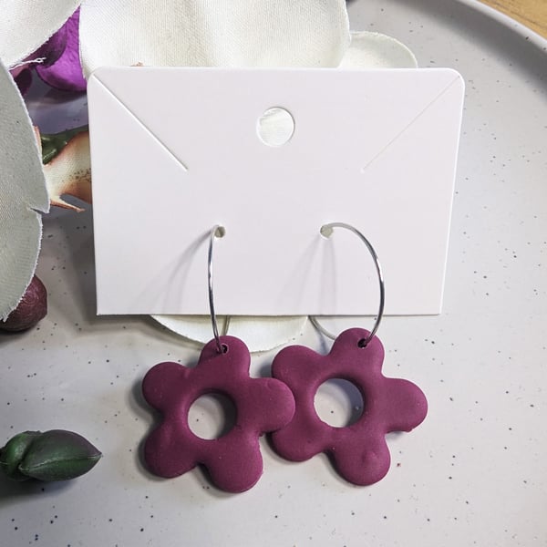 SImple Dark Pink Flower Hoop Earrings
