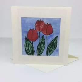 Card,  original art, three red tulips, hand printed