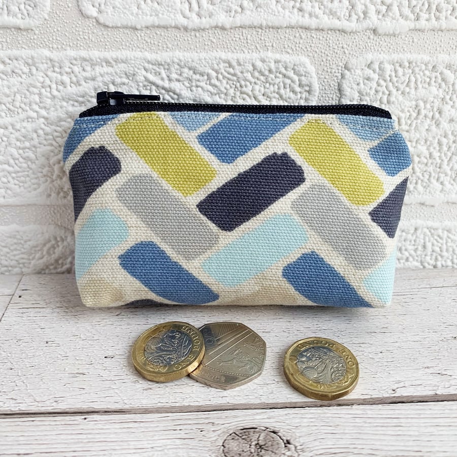Small Purse, Coin Purse with Blue, Lime and Grey Herringbone Pattern