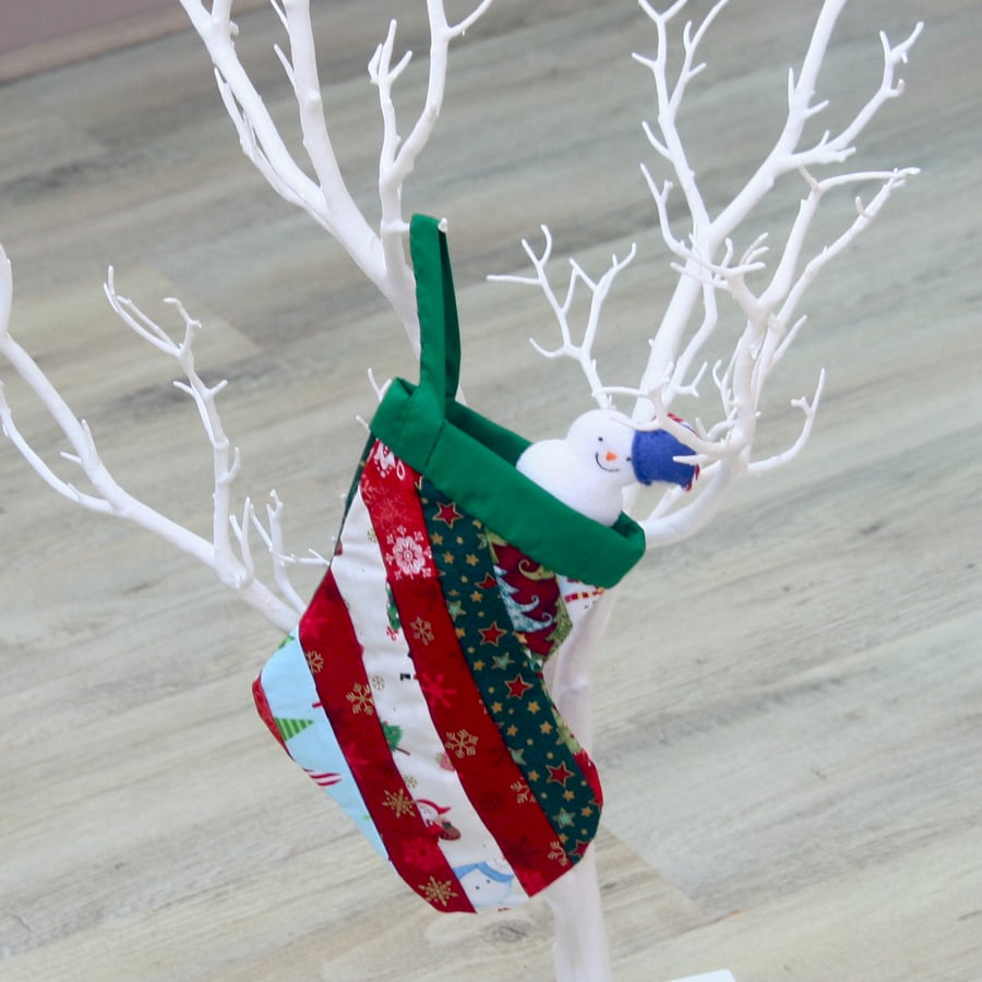 Small Scrappy Fabric Hanging Christmas Stocking