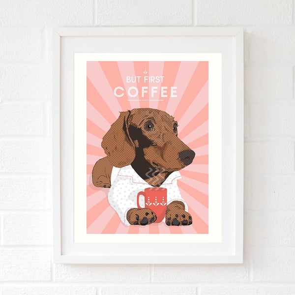 Dachshund art print, Gift for coffee lover, personalised dachshund dog gift 