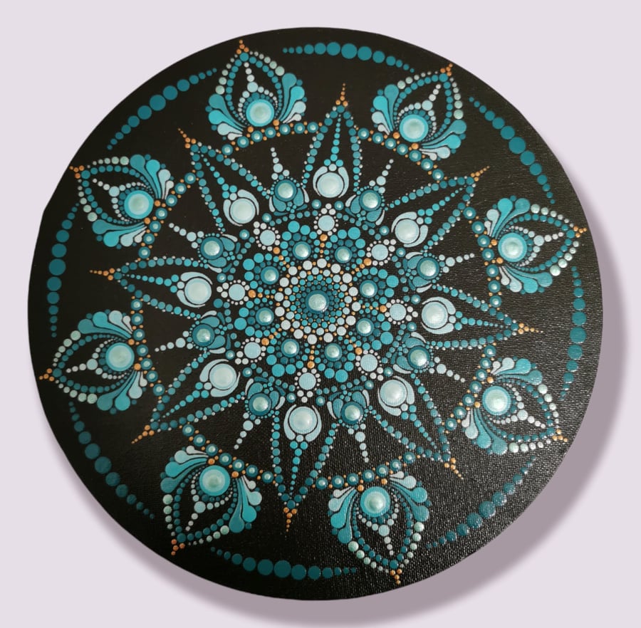 Aquamarine Hand Painted Dot Mandala Canvas