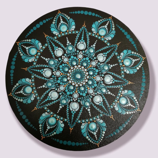 Aquamarine Hand Painted Dot Mandala Canvas