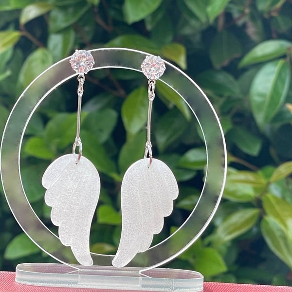 WHITE WING EARRINGS angel glitter crystal silver plated
