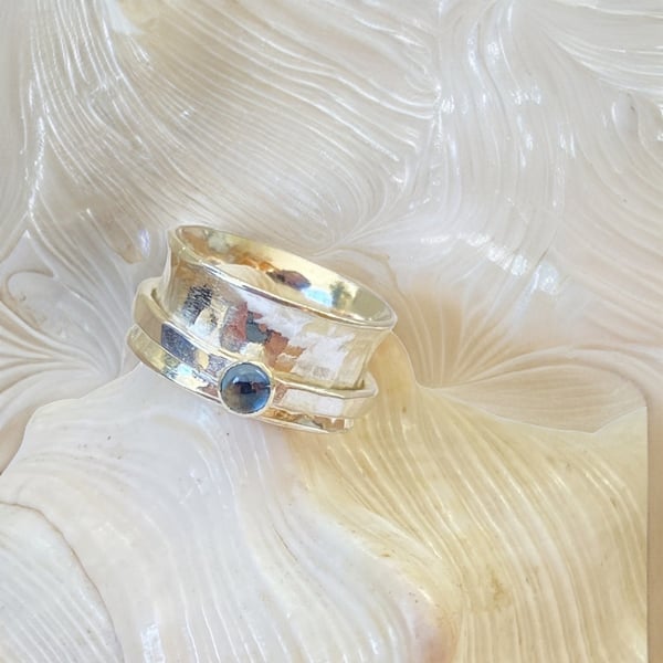Silver Wide Band Spinner Ring With Topaz
