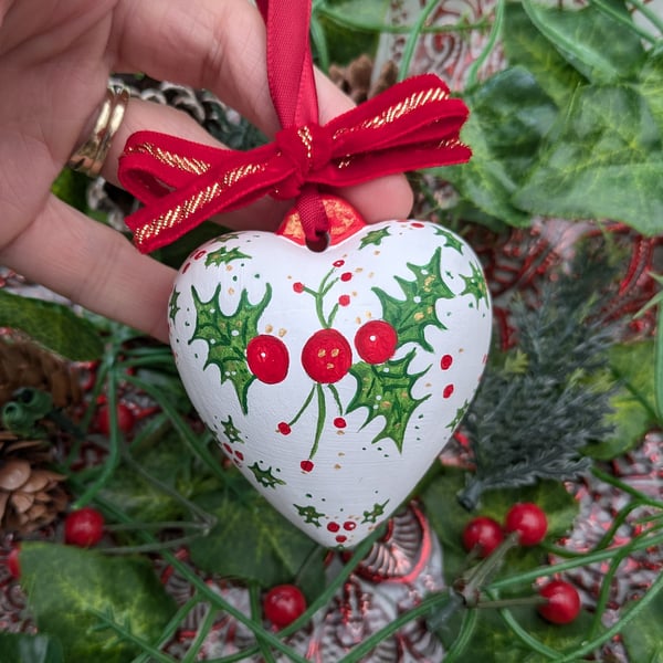 Holly berry hand-painted ceramic heart bauble