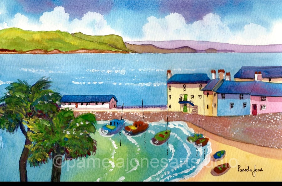 Tenby, Tree, Pembrokeshire, West Wales, Watercolour Print in 8 x 6 '' Mount