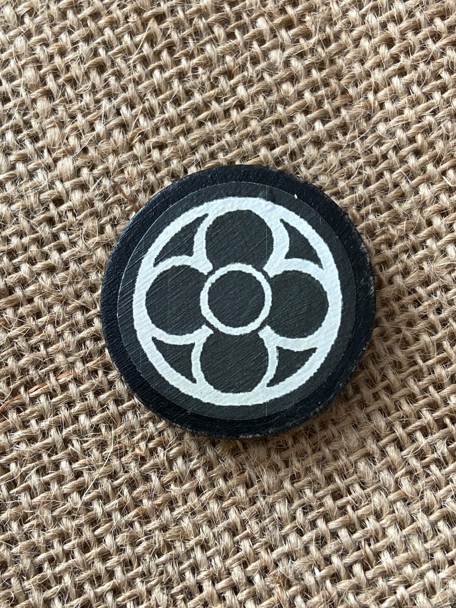 Medieval style wooden brooch with quadrafoil black and white pattern ideal gift